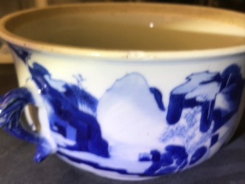 A Chinese blue and white two-handled porringer and cover, Kangxi