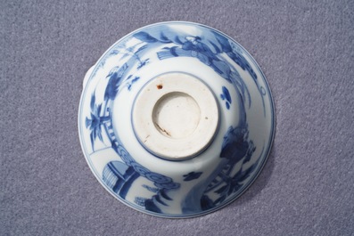 Two Chinese blue and white plates and a bowl, Kangxi and 19th C.