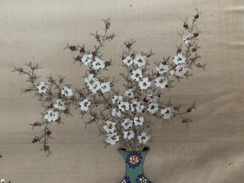 Three Chinese silk paintings: &lsquo;Antiquities with flowers&rsquo;, 19th C.