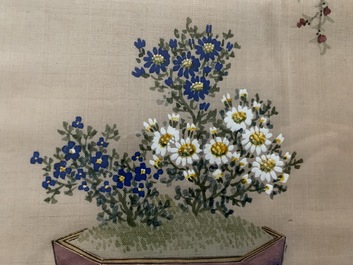 Three Chinese silk paintings: &lsquo;Antiquities with flowers&rsquo;, 19th C.