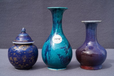 Three Chinese monochrome and flamb&eacute;-glazed vases, Kangxi and 19th C.