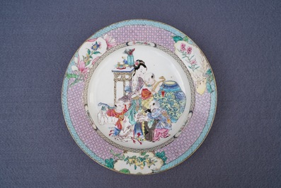 A fine Chinese famille rose 'ruby back' eggshell plate with a lady with three boys, Yongzheng