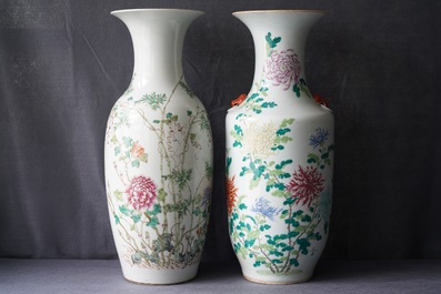 A pair and two individual Chinese famille rose vases with birds and butterflies among flowers, 19th C.