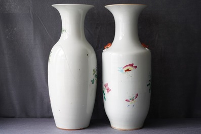 A pair and two individual Chinese famille rose vases with birds and butterflies among flowers, 19th C.
