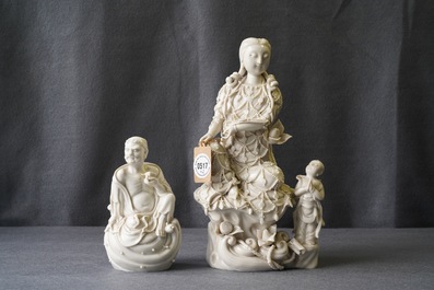 Two Chinese Dehua blanc de Chine models of a Luohan and Guanyin with servant, 19th C.