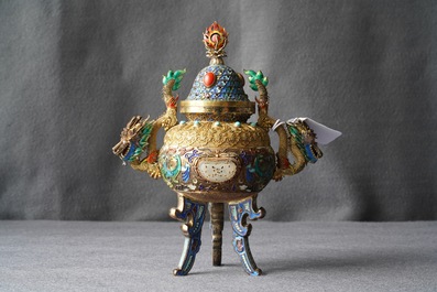A Chinese jade-inlaid gilt and enamelled silver incense burner and cover, Republic, 20th C.
