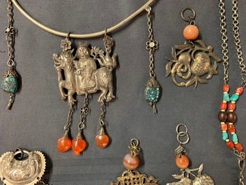 A varied collection of Chinese jade and agate-embellished silver, 19/20th C.