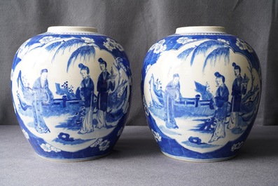 A pair of Chinese blue and white ginger jars, Kangxi mark, 19th C.