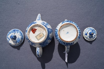 Two Dutch Delft blue and white chinoiserie teapots, 18th C.