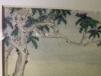 Trois peintures chinoises sur textile et une paire de badges de mandarin, Chine, 19&egrave;me