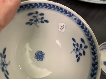 Six Chinese blue and white 'mother and child' cups and five saucers, Kangxi