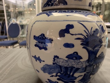 A Chinese blue and white jar and cover with antiquities design, Kangxi