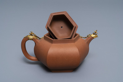 A Chinese gilt-mounted Yixing stoneware teapot and cover, Kangxi