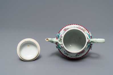 Two Chinese famille rose relief-moulded 'lotus' teapots and covers, Yongzheng