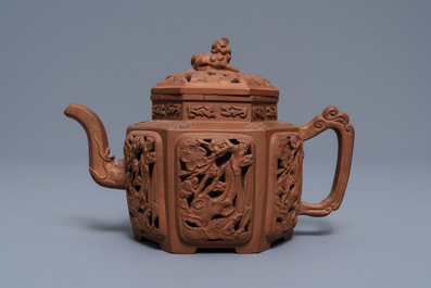 A Chinese Yixing stoneware reticulated teapot and cover, Kangxi