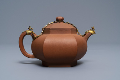 A Chinese gilt-mounted Yixing stoneware teapot and cover, Kangxi