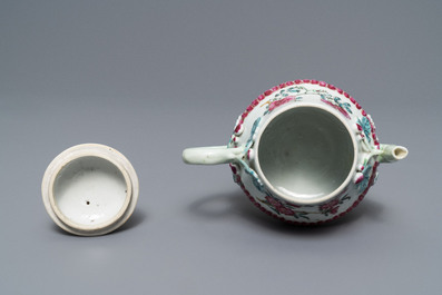 Two Chinese famille rose relief-moulded 'lotus' teapots and covers, Yongzheng