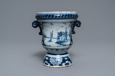 A fine Dutch Delft blue and white 'campana' urn flower pot, 18th C.