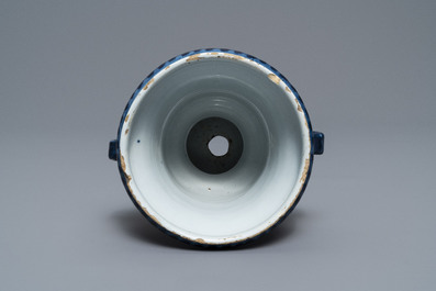 A fine Dutch Delft blue and white 'campana' urn flower pot, 18th C.