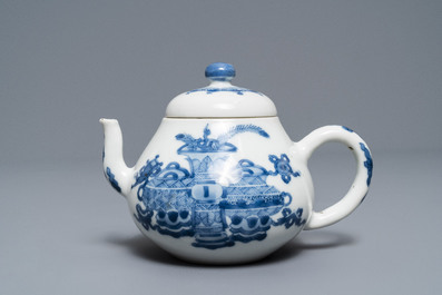 A Chinese blue and white teapot and cover with antiquities, Jiajing mark, Kangxi