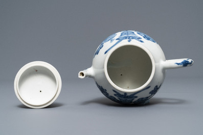 A Chinese blue and white teapot and cover with antiquities, Jiajing mark, Kangxi