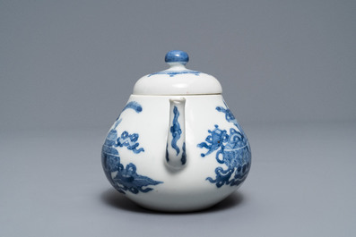 A Chinese blue and white teapot and cover with antiquities, Jiajing mark, Kangxi