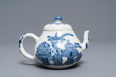 A Chinese blue and white teapot and cover with antiquities, Jiajing mark, Kangxi