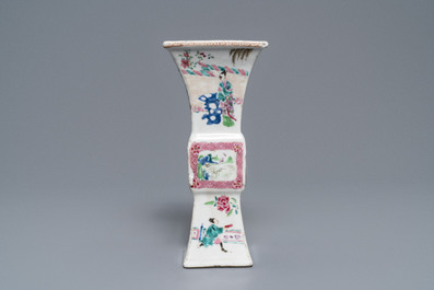 A pair of square Chinese famille rose 'Romance of the Western chamber' vases, Yongzheng
