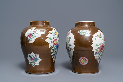 Two Chinese famille rose capucin ground baluster vases, Qianlong