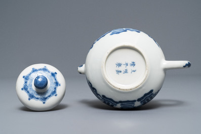 A Chinese blue and white teapot and cover with antiquities, Jiajing mark, Kangxi