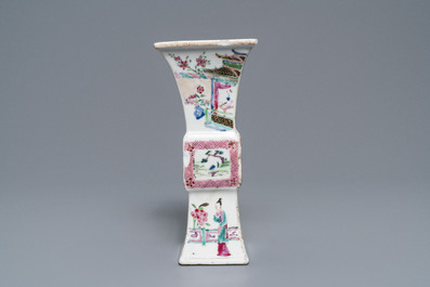 A pair of square Chinese famille rose 'Romance of the Western chamber' vases, Yongzheng