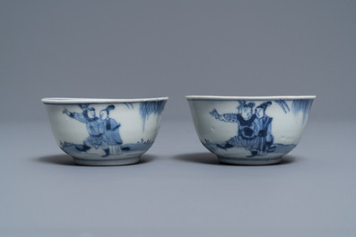 A pair of Chinese blue and white cups and saucers with figures, Ca Mau wreck, Yongzheng