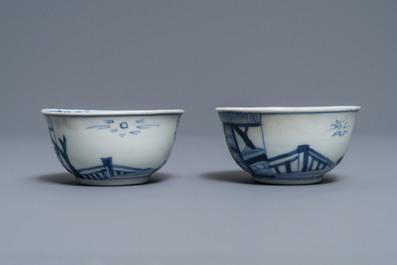 A pair of Chinese blue and white cups and saucers with figures, Ca Mau wreck, Yongzheng