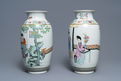 A pair of fine Chinese famille rose 'ladies' vases, Qianlong mark, 19/20th C.