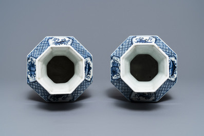 A pair of Chinese blue and white octagonal 'Three friends of winter' vases, 19th C.