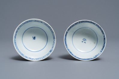 A pair of Chinese blue and white cups and saucers with figures, Ca Mau wreck, Yongzheng