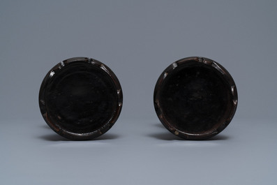 A pair of Chinese lacquerware vases with landscape design, Fujian, Republic, 20th C.