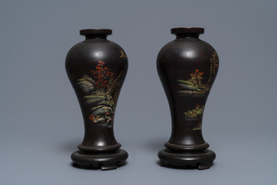 A pair of Chinese lacquerware vases with landscape design, Fujian, Republic, 20th C.