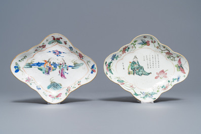 A Chinese blue and white charger and two famille rose bowls, 19th C.