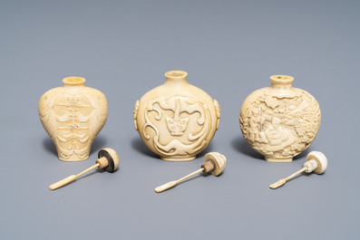 Three Chinese carved ivory snuff bottles, 19th C.