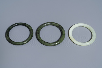 Six Chinese celadon and spinach green jade bangles, 19/20th C.