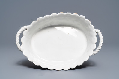 An oval monochrome white Brussels faience basket, 18th C.