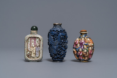 Six Chinese famille rose, blanc de Chine and faux-lapis lazuli relief-decorated snuff bottles, 19/20th C.