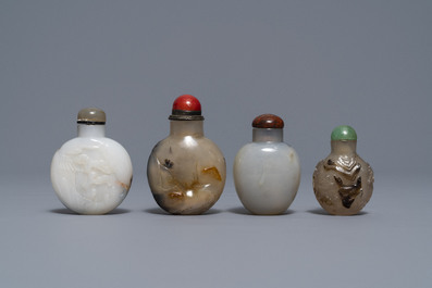 Eight Chinese carved shadow agate snuff bottles, 19/20th C.