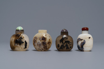 Eight Chinese carved shadow agate snuff bottles, 19/20th C.