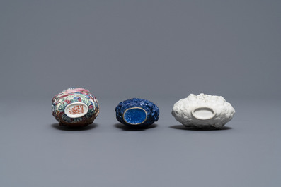 Six Chinese famille rose, blanc de Chine and faux-lapis lazuli relief-decorated snuff bottles, 19/20th C.