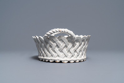 An oval monochrome white Brussels faience basket, 18th C.