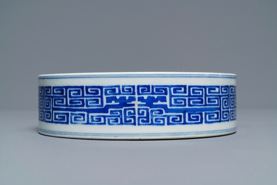 A Chinese blue and white archaic design censer, Guangxu mark, 19/20th C.