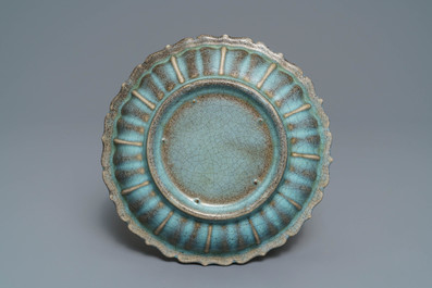 A Chinese lotus-shaped junyao dish, Ming or later