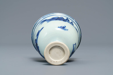 A Chinese blue and white stem cup with landscape design, Transitional period